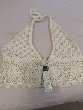 SHEIN Cream Crochet Halter Tie-Back Crop Top
